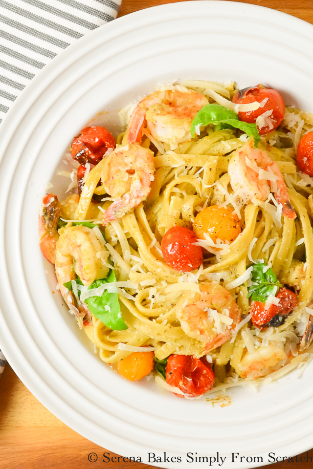 Shrimp Pasta In Walnut Basil Pesto With Roasted Tomatoes Serena Bakes