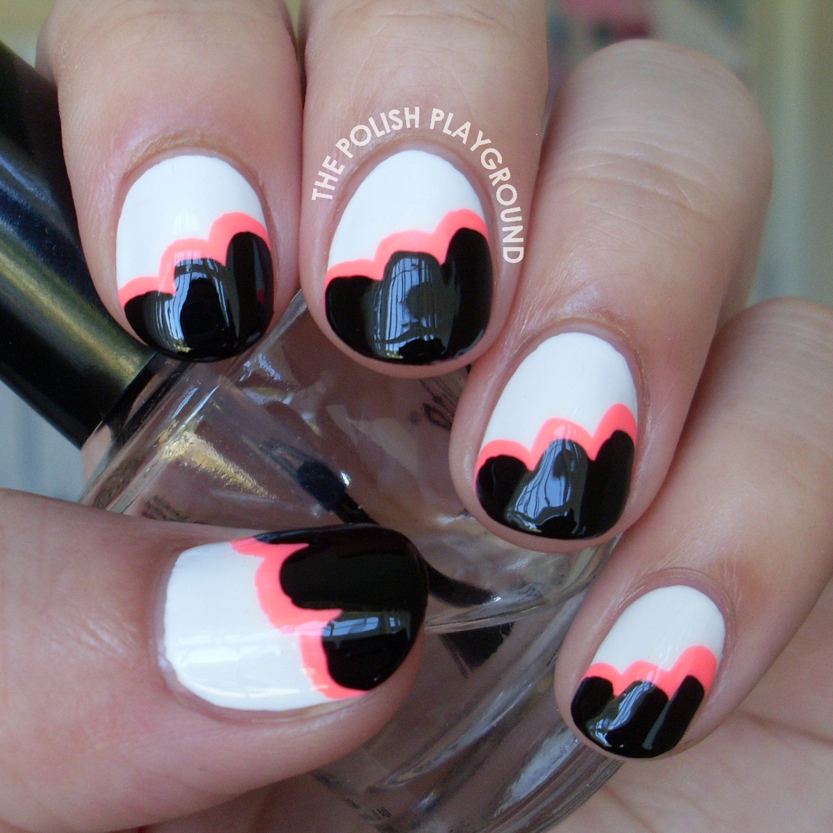 Black and White & Neon Pink Cloud Nail Art