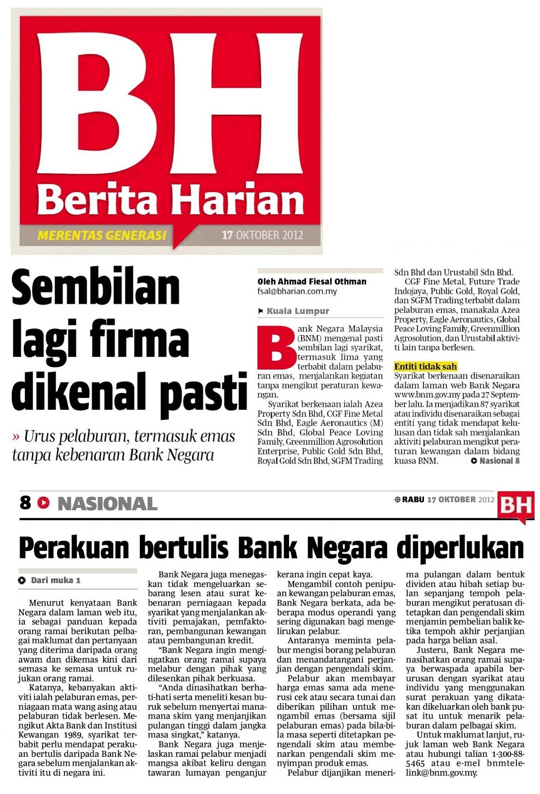 Senarai Syarikat Pinjaman Wang Berlesen Yang Berdaftar Dengan Bnm