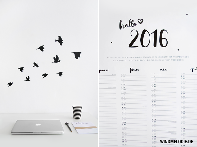 Jahreskalender minimalistisch Vögel Wandtattoo schwarz weiss Jahreskalender minimalistisch Vögel Wandtattoo schwarz weiss