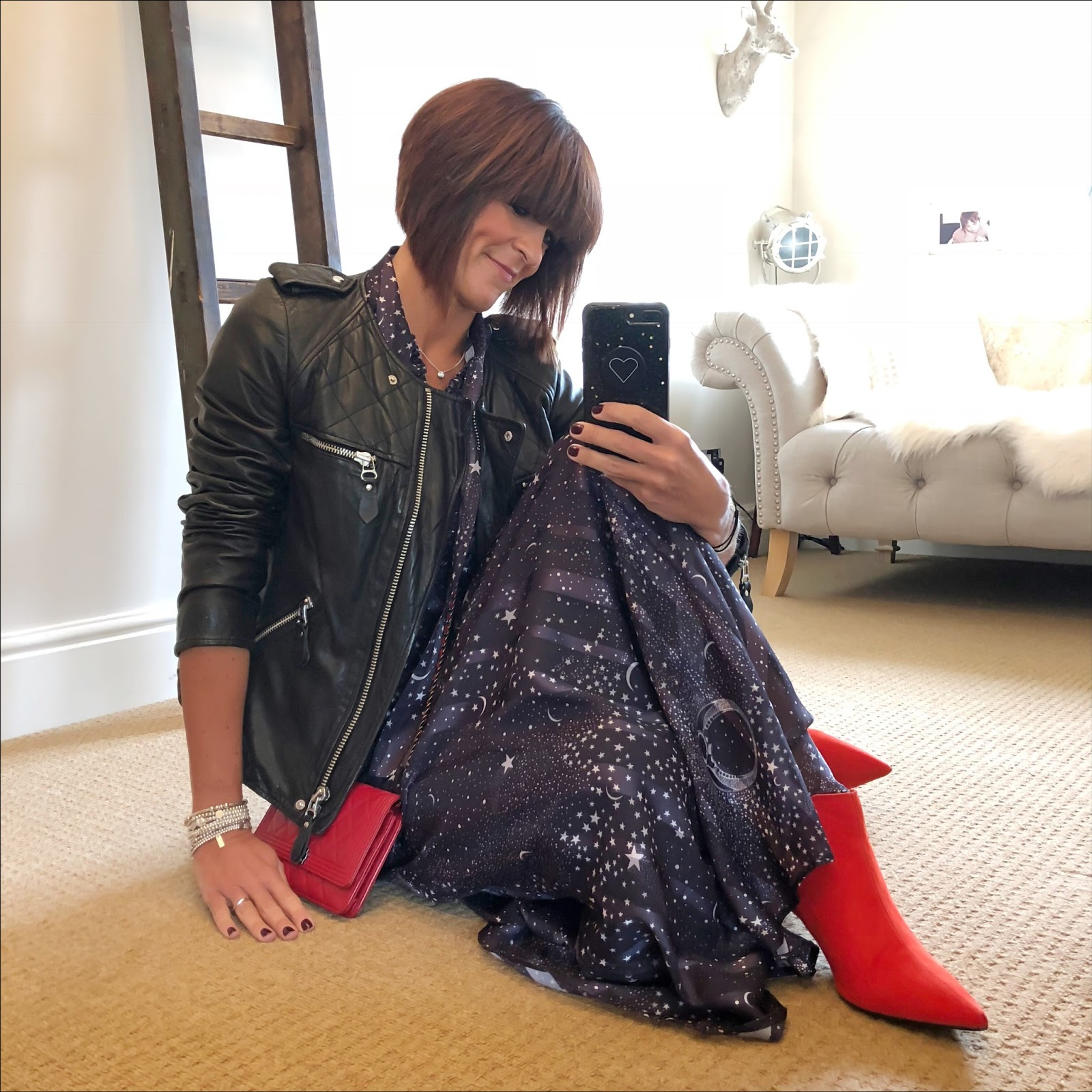 my midlife fashion, isabel marant etoile leather biker jacket, lily and lionel maxi dress, chanel wallet on chain, marks and spencer suede kitten heel ankle boots