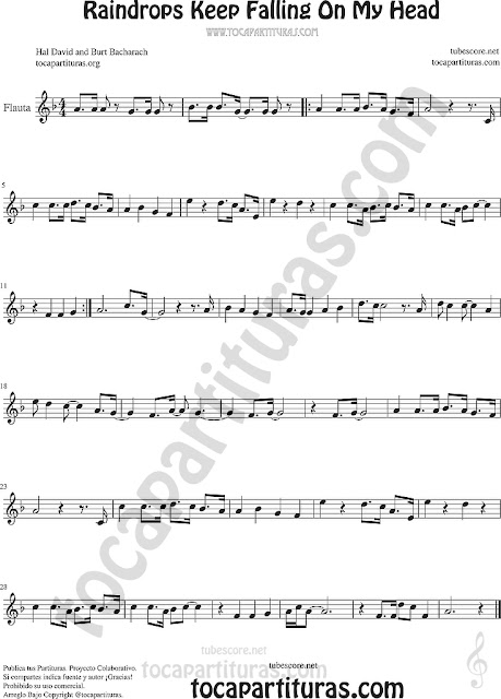  Flauta Travesera, flauta dulce y flauta de pico Partitura de Raindrops Keep Falling on my Head Sheet Music for Flute and Recorder Music Scores 