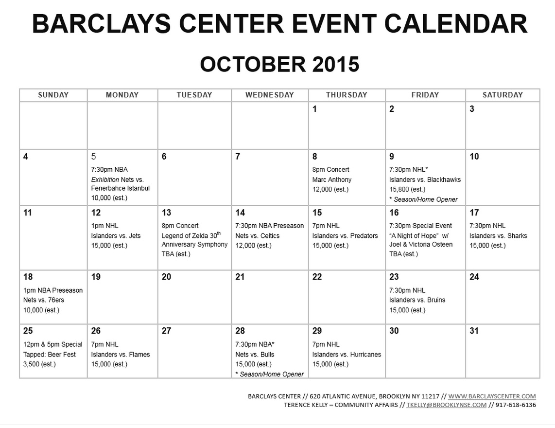 Barclays Center releases updated event calendars for October through
