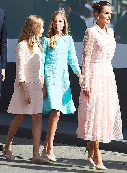 Queen Letizia wore a new pink embroidered tulle midi dress by Felipe Varela. Crown Princess Leonor and Infanta Sofia