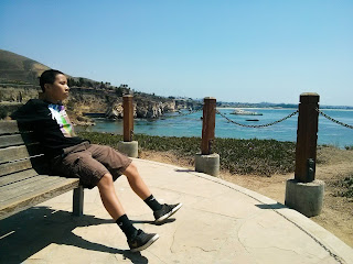 Young man sitting on a part bench that is along an ocean cliff, pondering his future