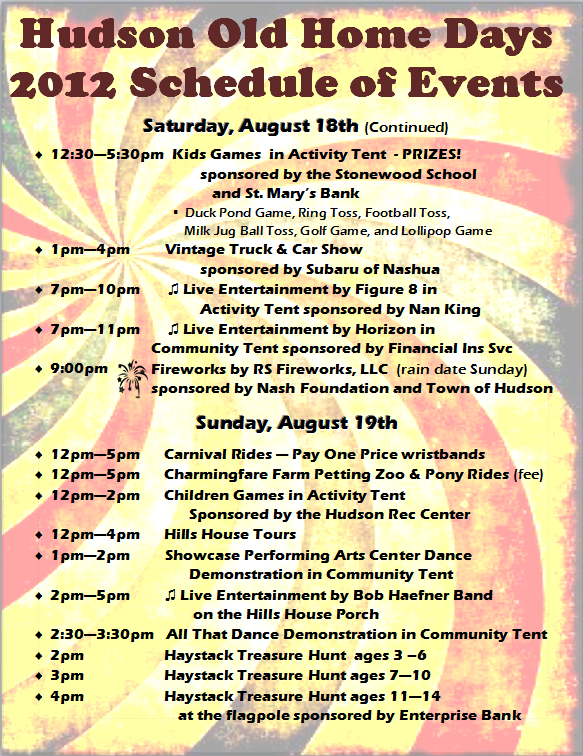Hudson NH Old Home Days Schedule of Events