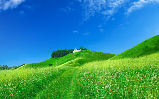 Groene heuvels en wit huisje