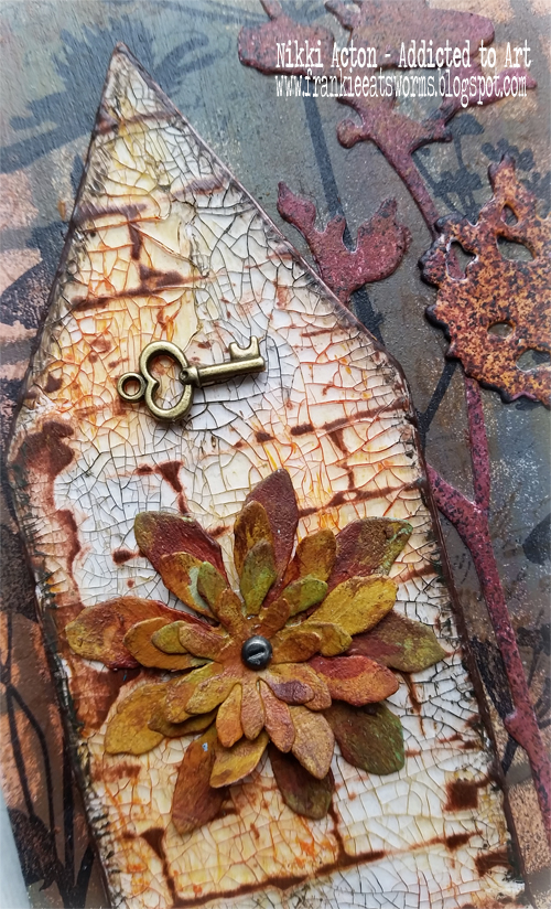 MDF Tag with Tim Holtz Wildflower stamps and dies, distress crazing medium and distress crayons. By Nikki Acton - Addicted to Art.