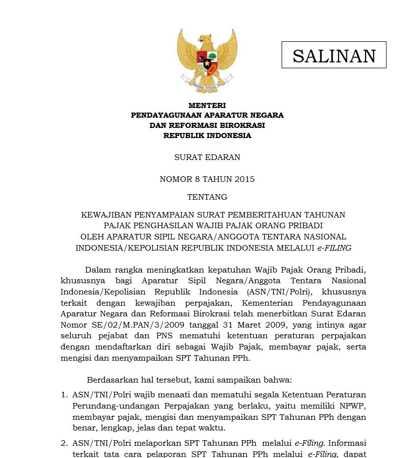 Se Menpan Nomor 8 Tahun 2015 Asn Dan Anggota Tni Polri Wajib Menyampaikan Spt Tahunan Pph Dengan E Filing Blog Mas Fathur