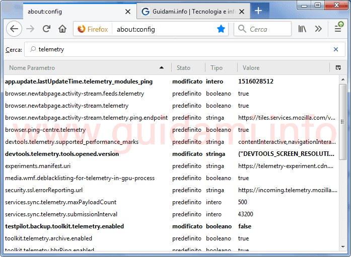 Firefox about config parametri di telemetria