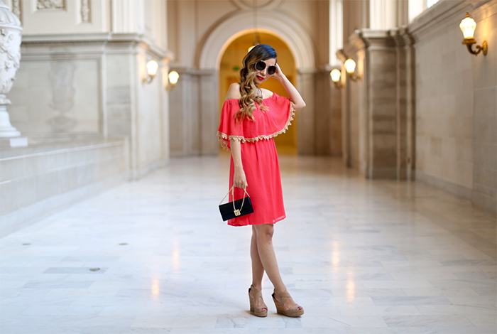 Charming charlie off shoulder dress, charming charlie style watch capsule collection for fall, charming charlie fall collection, charming charlie  CLOVER TURNLOCK CROSSBODY WALLET, tory burch wedges, chloe sunglasses, san francisco street style, fall fashion 
