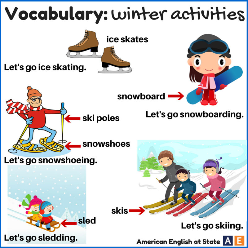 Skiing перевод с английского. Зима на английском для детей. Зимние занятия на англ. Зимние развлечения на английском языке. Зимние виды развлечений на английском.