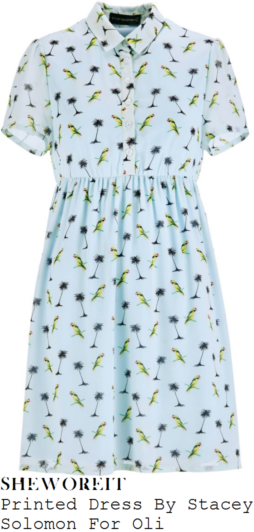 stacey-solomon-blue-parrot-palm-tree-tropical-print-shirt-sleeve-button-up-empire-waist-tea-dress-loose-women
