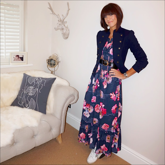 My midlife fashion, ralph lauren military wool jacket, debenhams preen floral maxi dress, golden goose super star low top leather trainers