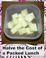 Halve the Cost of a Packed Lunch Cubed cheese in pot, with title overlayed