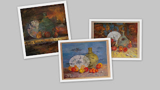 Bodegones al óleo de la pintora Rudi, colores vivos, transparencias, frutas y vasijas.