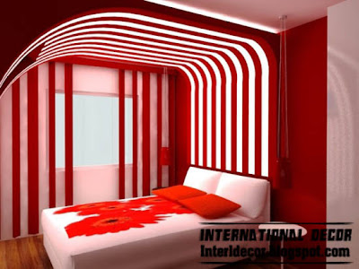 red interior bedroom design, red and white striped bedroom paints