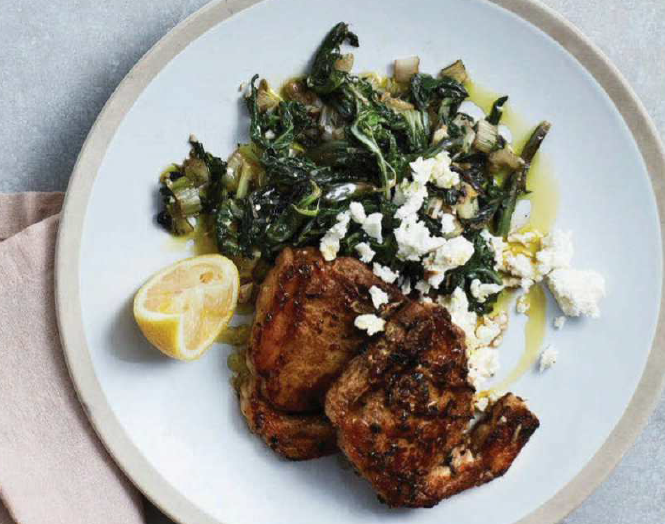 Greek lamb chops with braised silverbeet, feta and oregano