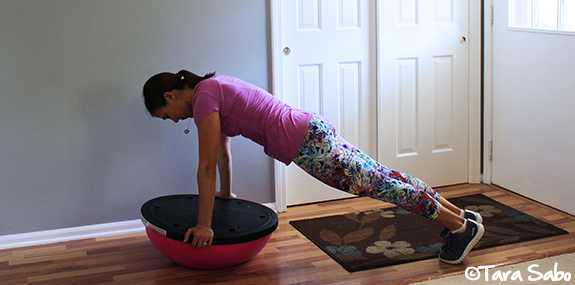 plank on BOSU, BOSU core exercise, pink BOSU, sweat pink, fit approach