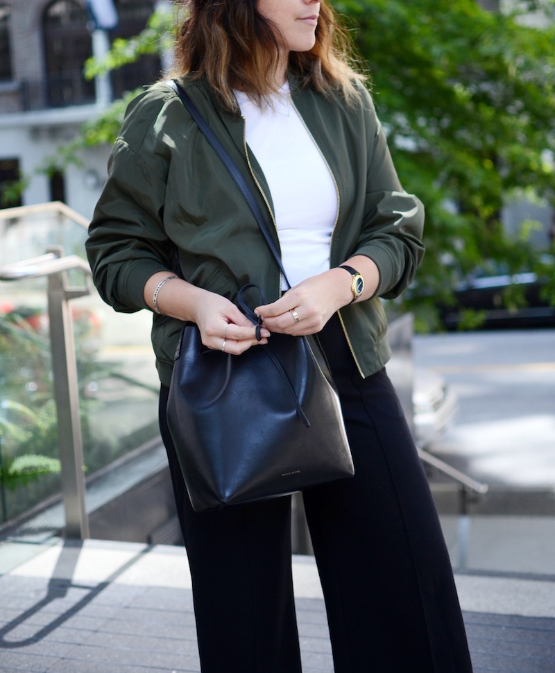 Express Olive Green Bomber Jacket Mansur Gavriel Bucket bag Cool culottes outfit Vancouver fashion blogger
