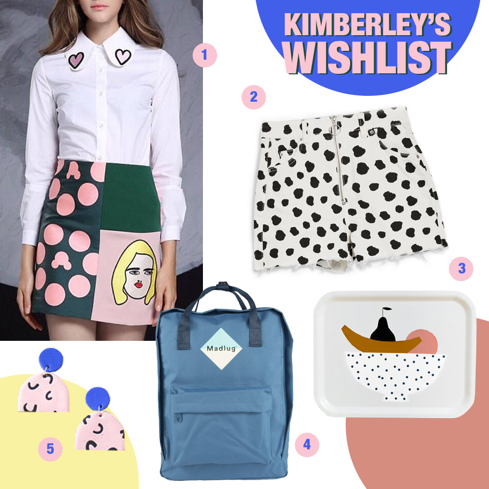 Kimberley's June Wishlist Wishlist featuring skirt by PurpleFishBowl, shorts by Topshop, tray by Depeapa, backpack by Madlu and earrings by Baked by Lou