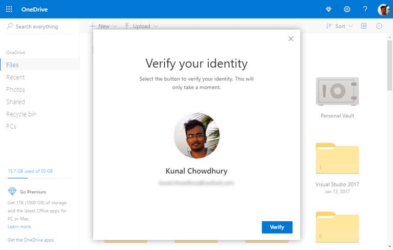 Verify your account to enable the extra layer of protection to your Personal Vault