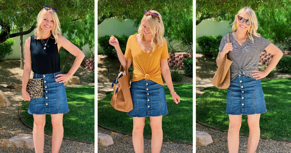 3 Ways to Wear a Button Front Denim Skirt | Thrifty Wife, Happy Life