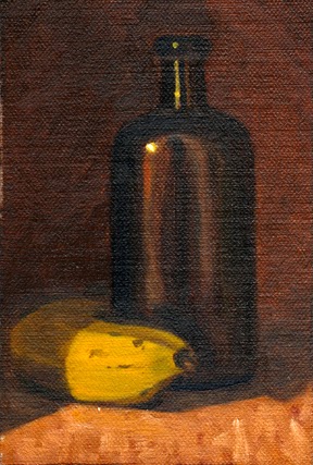 Oil painting of a banana and a brown antique medicine bottle.