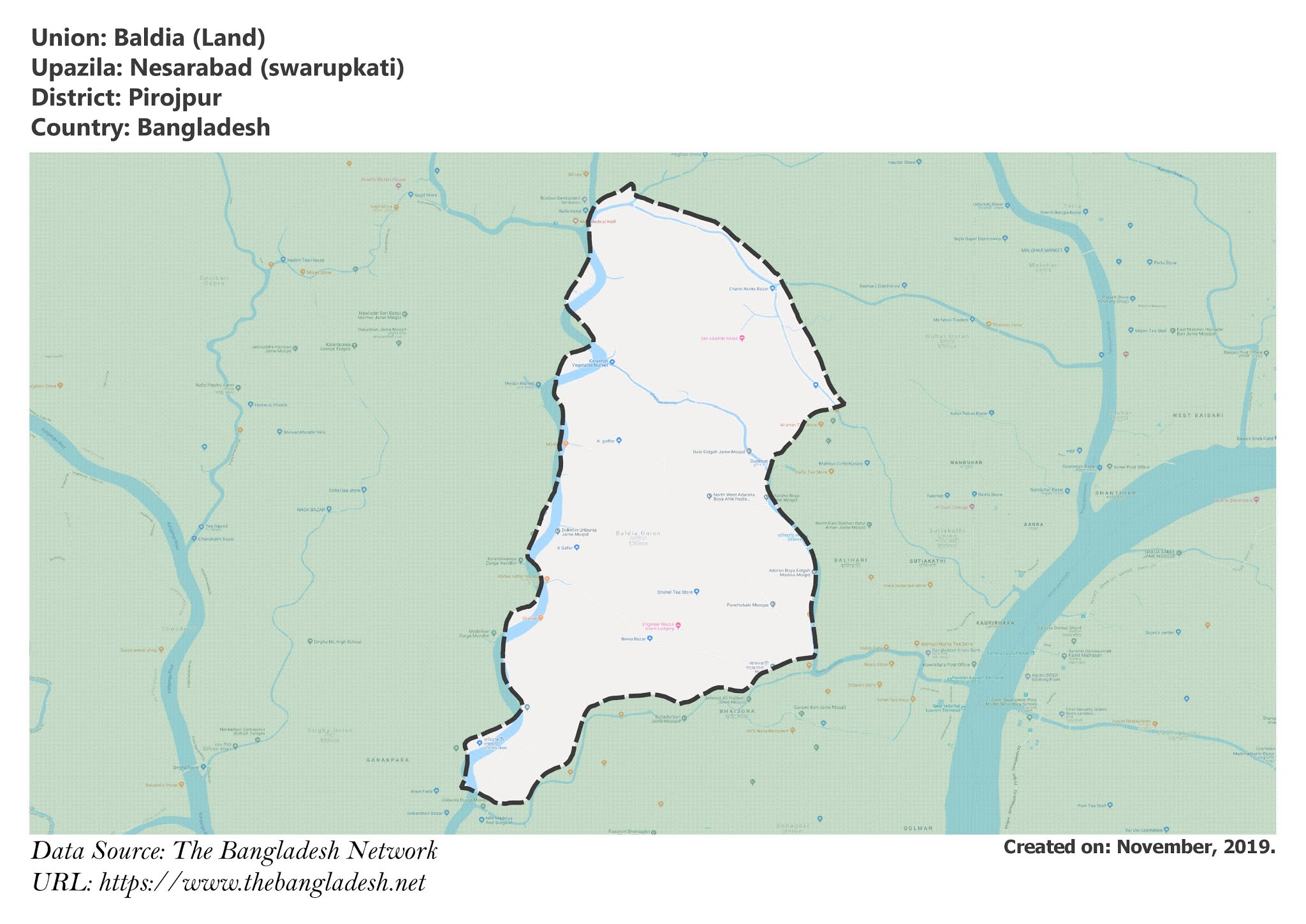 Map of Baldia of Pirojpur, Bangladesh.