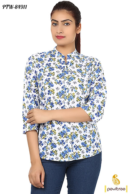 Blue Color Office Wear Formal Ladies Printed Cotton Shirt for Girls Online Shopping with Cheap Price
