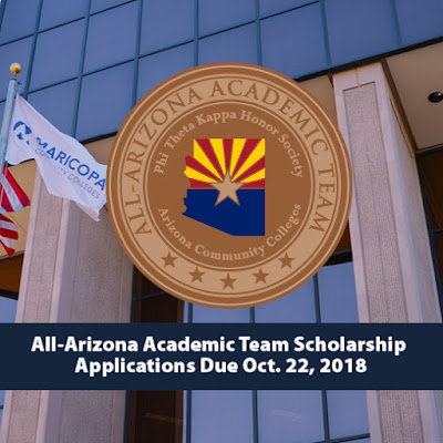 Shot of ALL-AZ seal over Maricopa Community Colleges Building and flag.  Text: All-Arizona Academic Team Scholarship Applications Due Oct. 22, 2018
