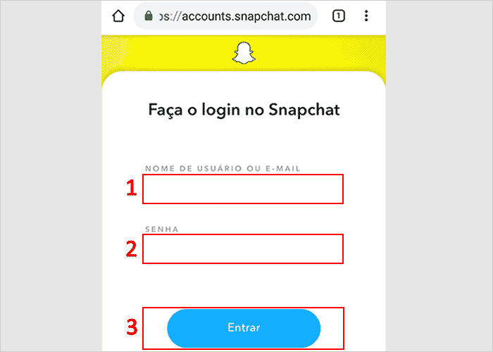 Acessando a página de login do Snapchat