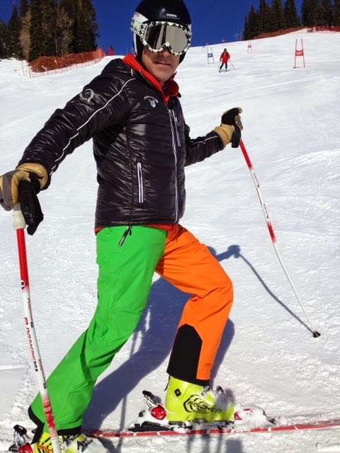 Skier in Orange and Green Artica Pants