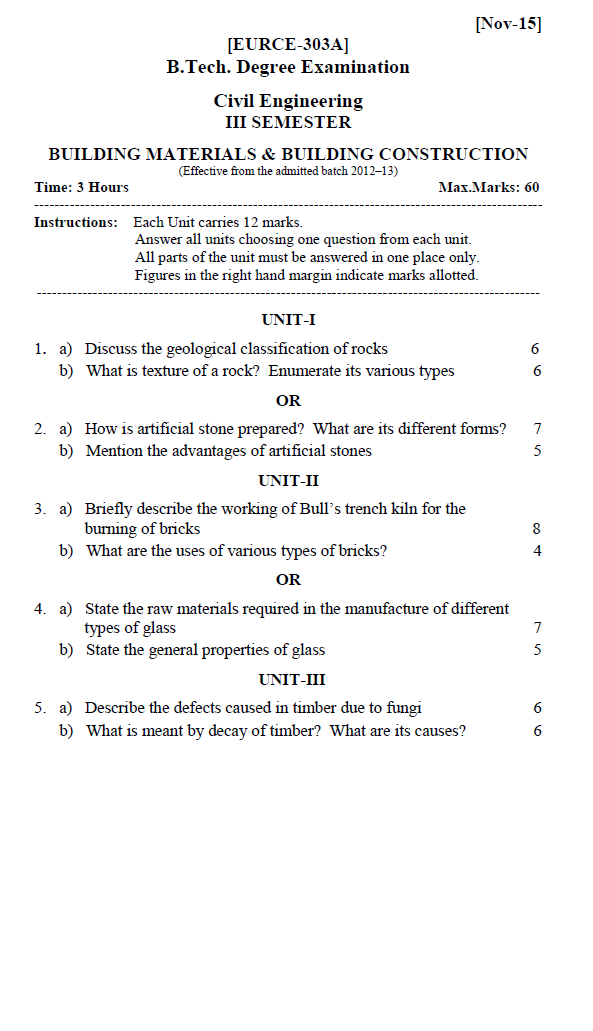GITAM EURCE303A Building Materials and Building Construction Nov 2015 Question Paper