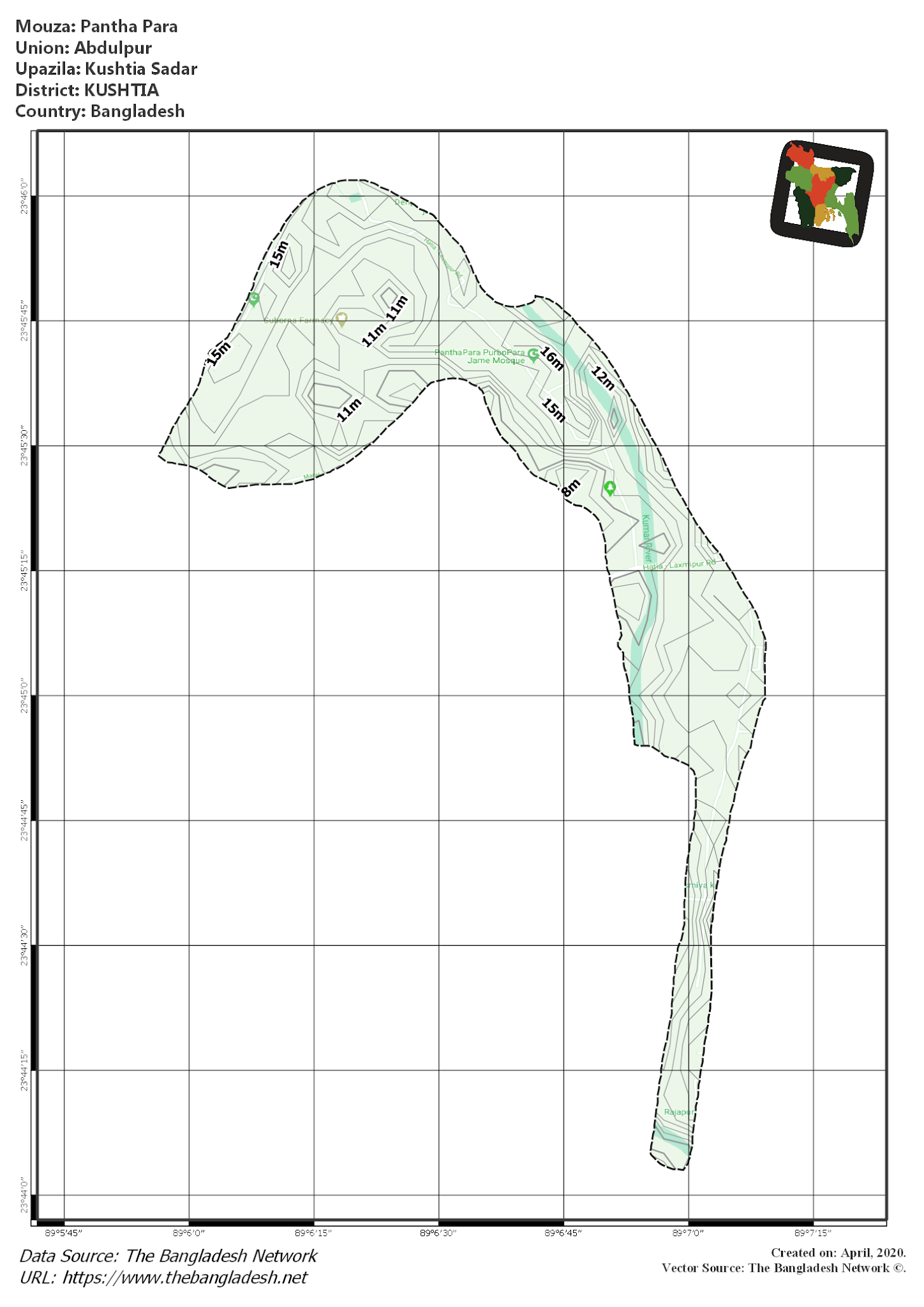 Map of Pantha Para Mouza of Kushtia Sadar Upazila, KUSHTIA, Bangladesh.