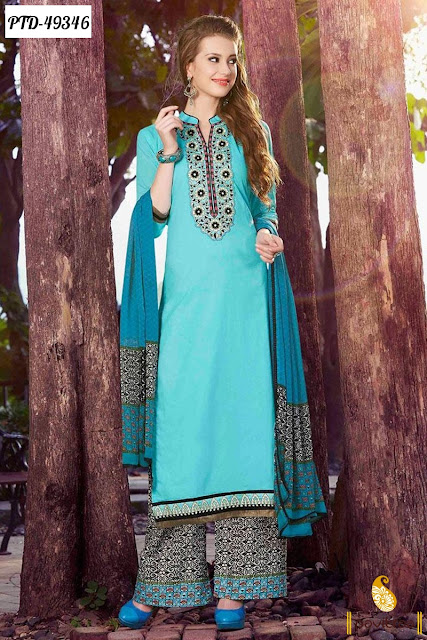 Latest ice blue color cotton casual salwar suit online shopping below 1000 rupees at pavitraa.in