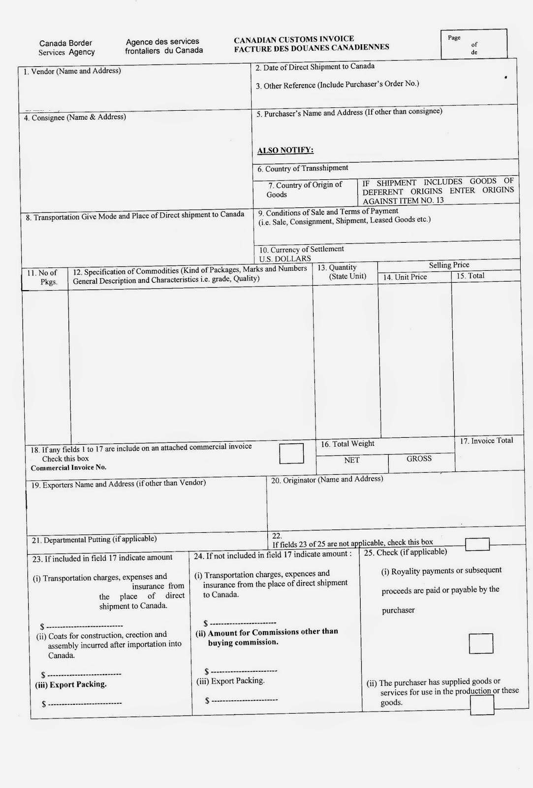 Canada Customs Invoice