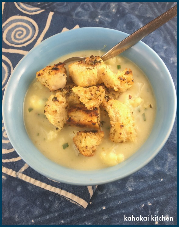 Kahakai Kitchen Ottolenghi's Cauliflower Soup with Mustard Croutons