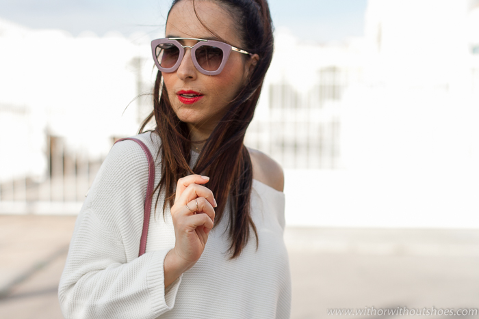 Look con jersey blanco y gafas de sol Prada Influencer_España_Moda_Mujer+Instagram-tendencias-Otoño-Invierno+Gafas_de_sol_PRADA