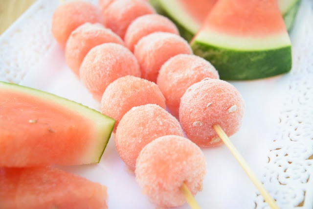 Frozen Watermelon Kabobs. Cold, refreshing ice pop treat for kids in the summer time. Made with fresh fruit, no sugar added, all natural ingreadients, and inexpensive!