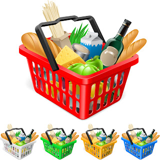 食料品と買い物カゴ fruits and vegetables and shopping basket イラスト素材