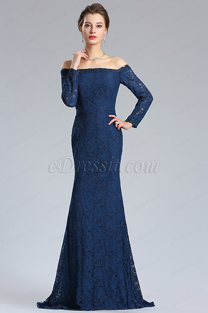 Long Sleeves Blue Overlace Evening Dress