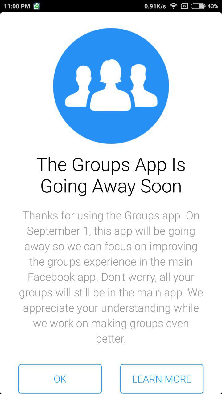 قررت شركة فيس بوك إنهاء تطبيقها Facebook Groups بداية الشهر المقبل