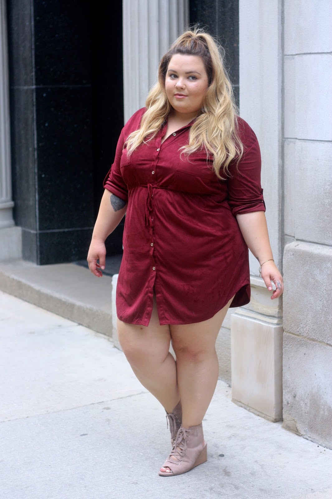faux suede, good vibrations dress, oxblood, fall fashion 2016, plus size fashion blogger, fashion blogger, fatshion, curvy blogger, button up dress, suede, fall colors, natalie craig, natalie in the city, chicago, chic soul