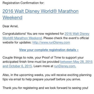 2016 Walt Disney World Marathon Weekend Registration Confirmation