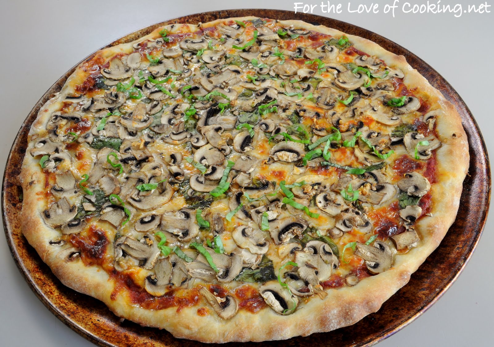 Spinach, Garlic, Mushroom, and Fresh Basil Pizza For the Love of Cooking