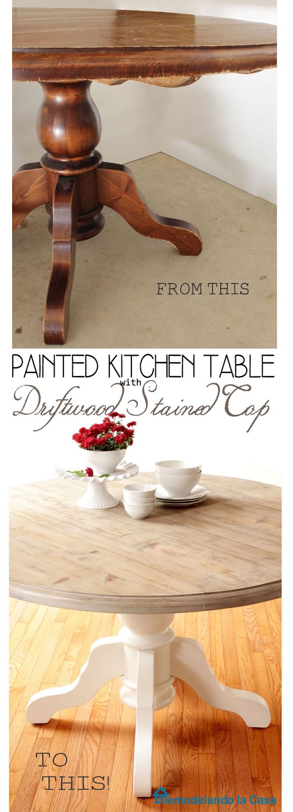 table makeover with painted base and driftwood stained top