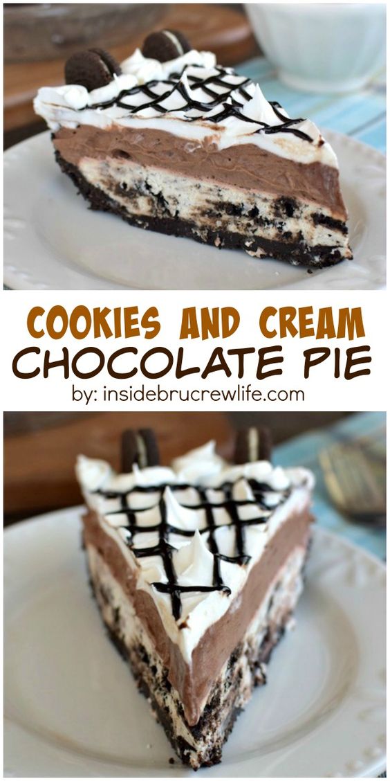 Cookies and Cream Chocolate Pie - the layer of no bake cookies and cream cheesecake makes this easy pudding pie taste so good. Make this recipe the next time you need to bring dessert!