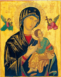 Picture of the Mother of Perpetual Help:   Salve Mater, The Mother of our Lord: Virgin Mary, the Mother of our God.  Eyes so tender that turn to all our cares,  Heart so ready to run to all our prayers. O Maria!
Mary, blessed one, To us you always run: We are to you As Christ, your only Son: Perpetual Help, You’re with us in our tears:  We place our hands In yours with all our fears.  O Maria!
Sister of all flesh, So human with us all, Disciples too, We’re gathered by our call; Perpetual Help You are to us indeed: We’ll watch with you For all who are in need. O Maria! 
Help Perpetual, An Icon of our race, With you we stand, All filled with God’s own grace:  Our Sister Earth, We’ll cherish, will not harm, And hold the world Of peoples in our arms: O Maria!