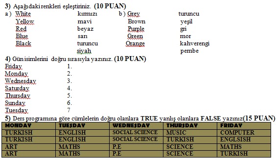 4. Sinif İngilizce 2. Dönem 1. Yazılı Soruları 2012 2013 - Ders ve